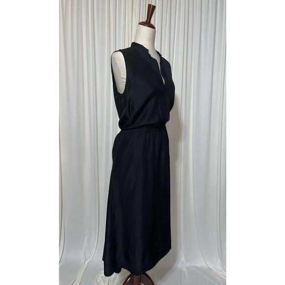 Vince 100% Silk Black V Neck Cut Out Collar Tie Waist Midi Dress Sz S Minimalist - Picture 2 of 8